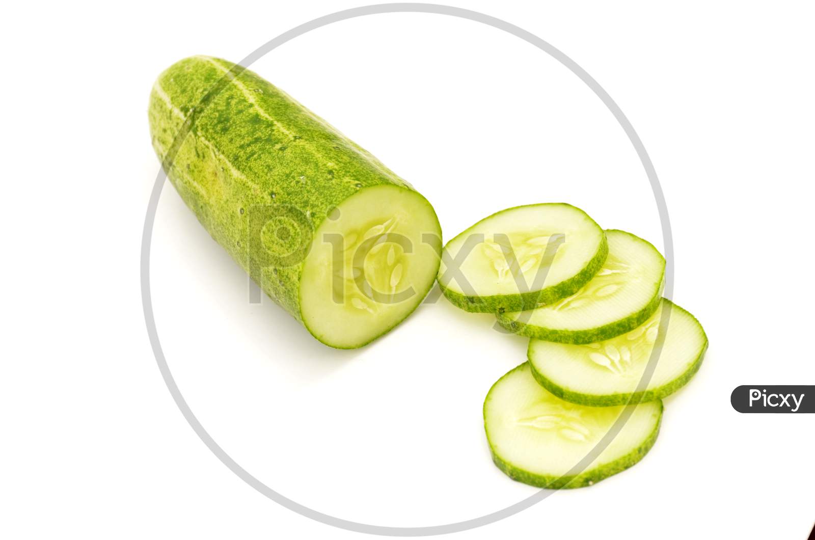 ripe cucumber with sliced on white background.