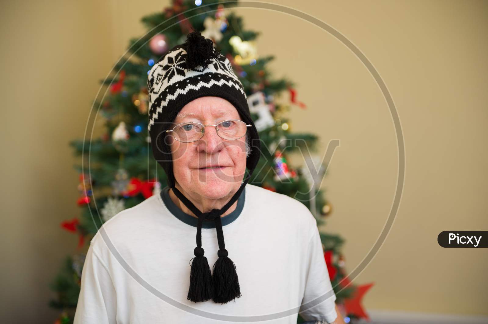An Elderly Man Wearing A Christmas Hat In Front Of A Christmas Tree