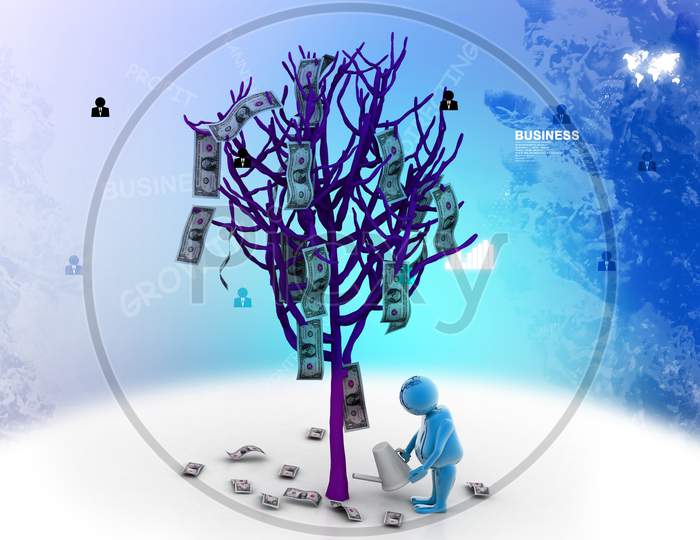 Man Watering A Dollar Tree In White Background. Conceptual 3D Modelling