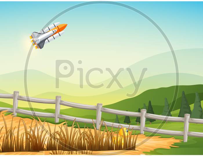 Spacecraft Travelling Above The Agriculture Farm