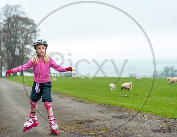 A Young Girl On Roller Blades And Wearing Protective Equipment Skates Past Sheep