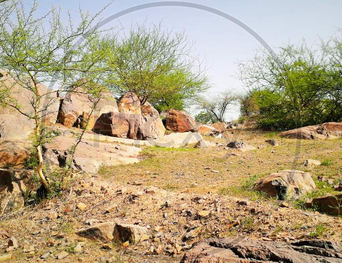 Large Rocks On Plateau With Thorny Bushes On A Mountain Or Hill