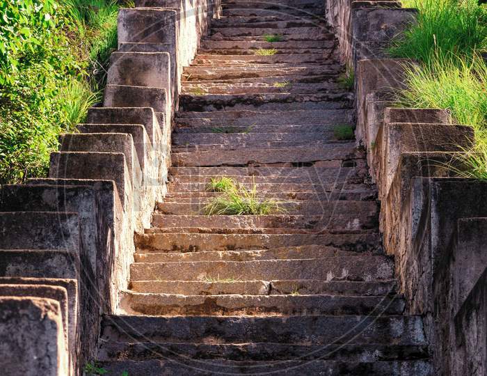Scenic Stone Stair Way To A Popular Ancient Hindu Temple In Karanataka Near Bangalore.