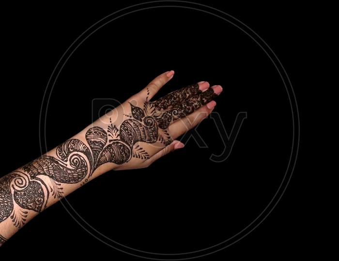 Traditional Henna Design On Female Hand Specially In Marriage On Bride Hand As Makeup Indian Culture