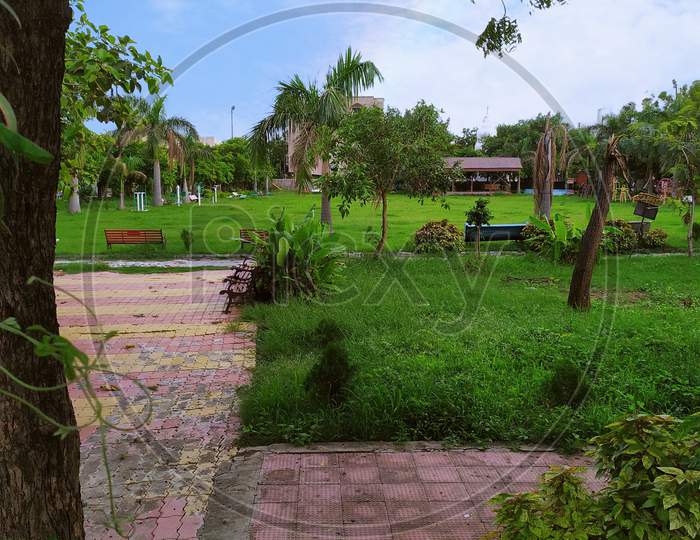 The scenery of garden/park. greenish grass in rainy season and blue sky view. the concept of effect of corona virus in Maharashtra, india. are the present 'unlock 1.0' and parks are still closed.