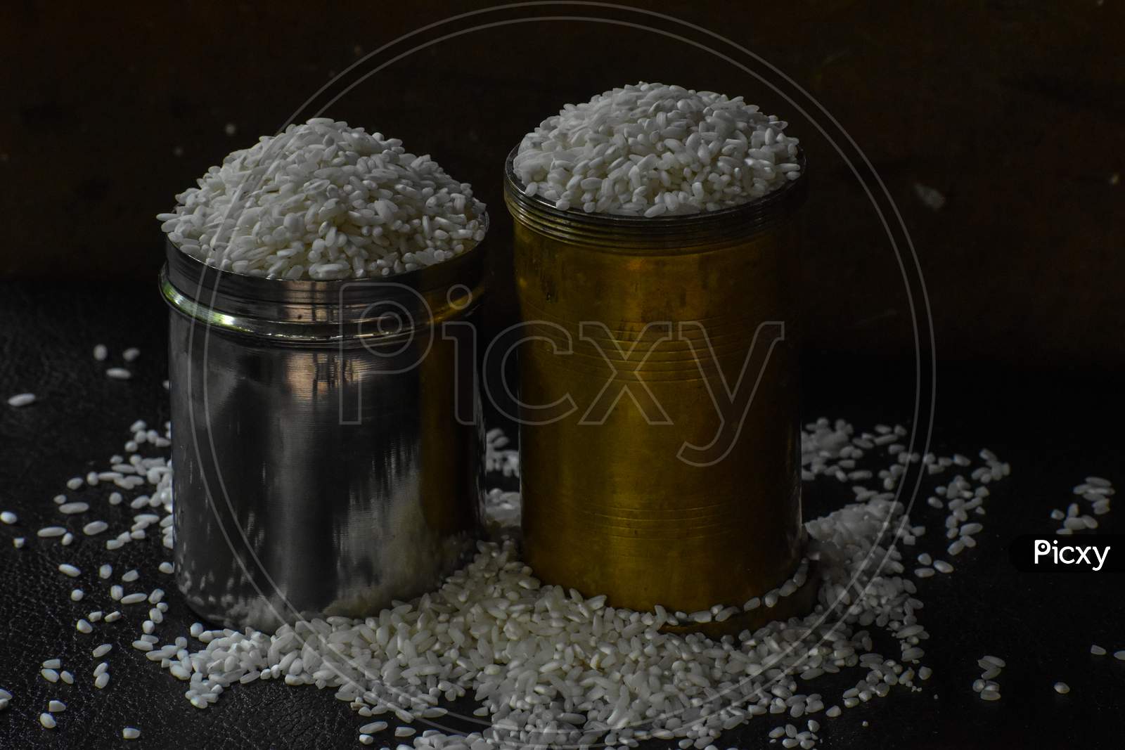 white rice on metal container