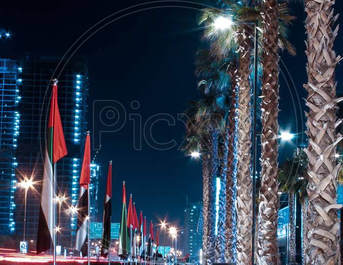 A Symmetrical Long Exposure Photo Of UAE Flags And Palm Trees Alongside A Road And Garden In Downtown Dubai, United Arab Emirates.