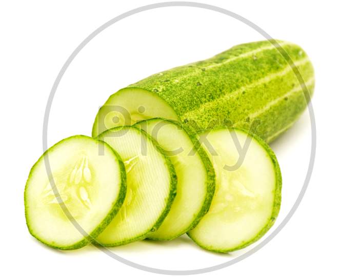 ripe cucumber with cutt roll isolated on white background
