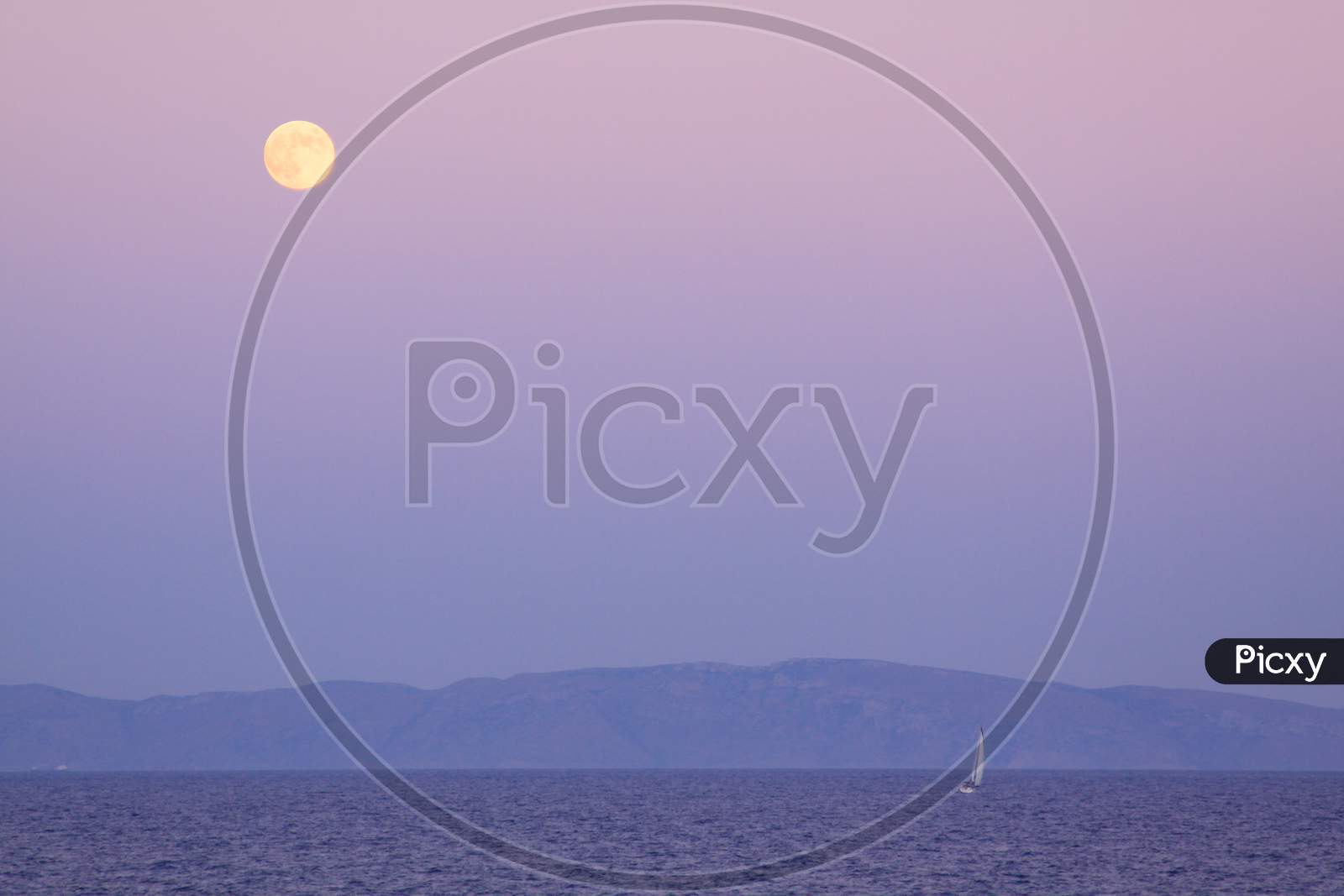 Sailboat And Moon In Cyclades Sea, Greece