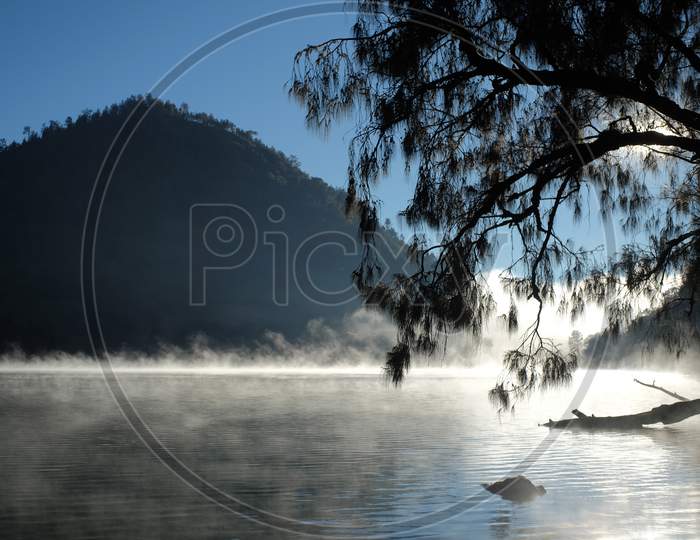 Morning atmosphere in Ranu Kumbolo, a freshwater lake located at an altitude of 2400 above sea level