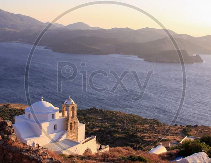 Greek Church View From Plaka Castle In Milos Island