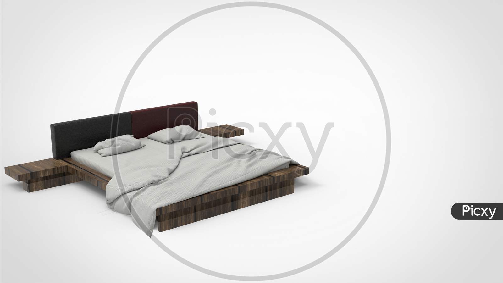 3D Render Of A Wooden Bed With White Mattress Pillow And Blanket In White Background