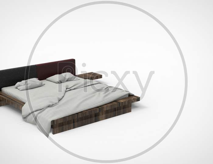 3D Render Of A Wooden Bed With White Mattress Pillow And Blanket In White Background