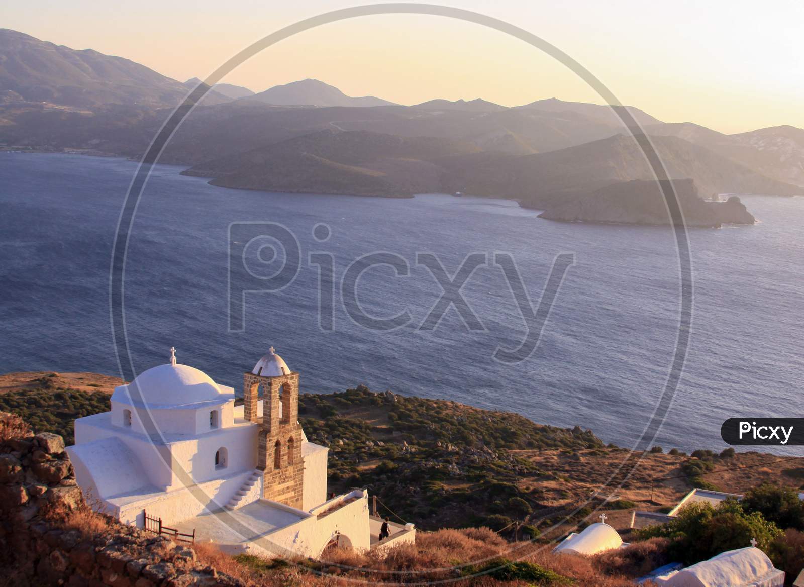 Greek Church View From Plaka Castle In Milos Island