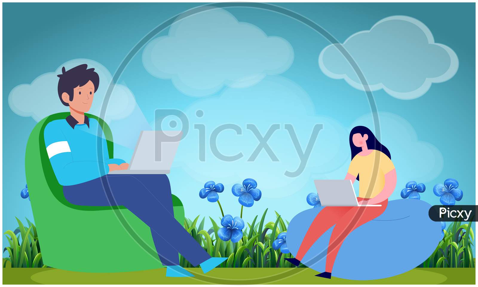 Boy And Girl Sitting In A Garden Working On Laptop