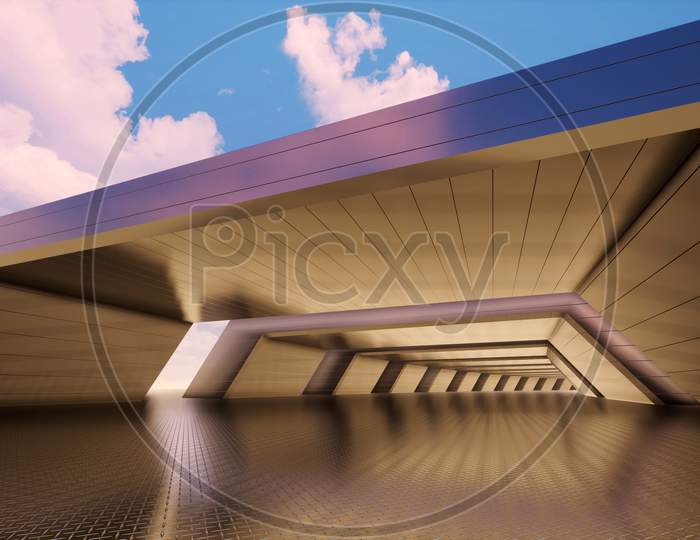 Colorful abstract panoramic background: metal tunnel.