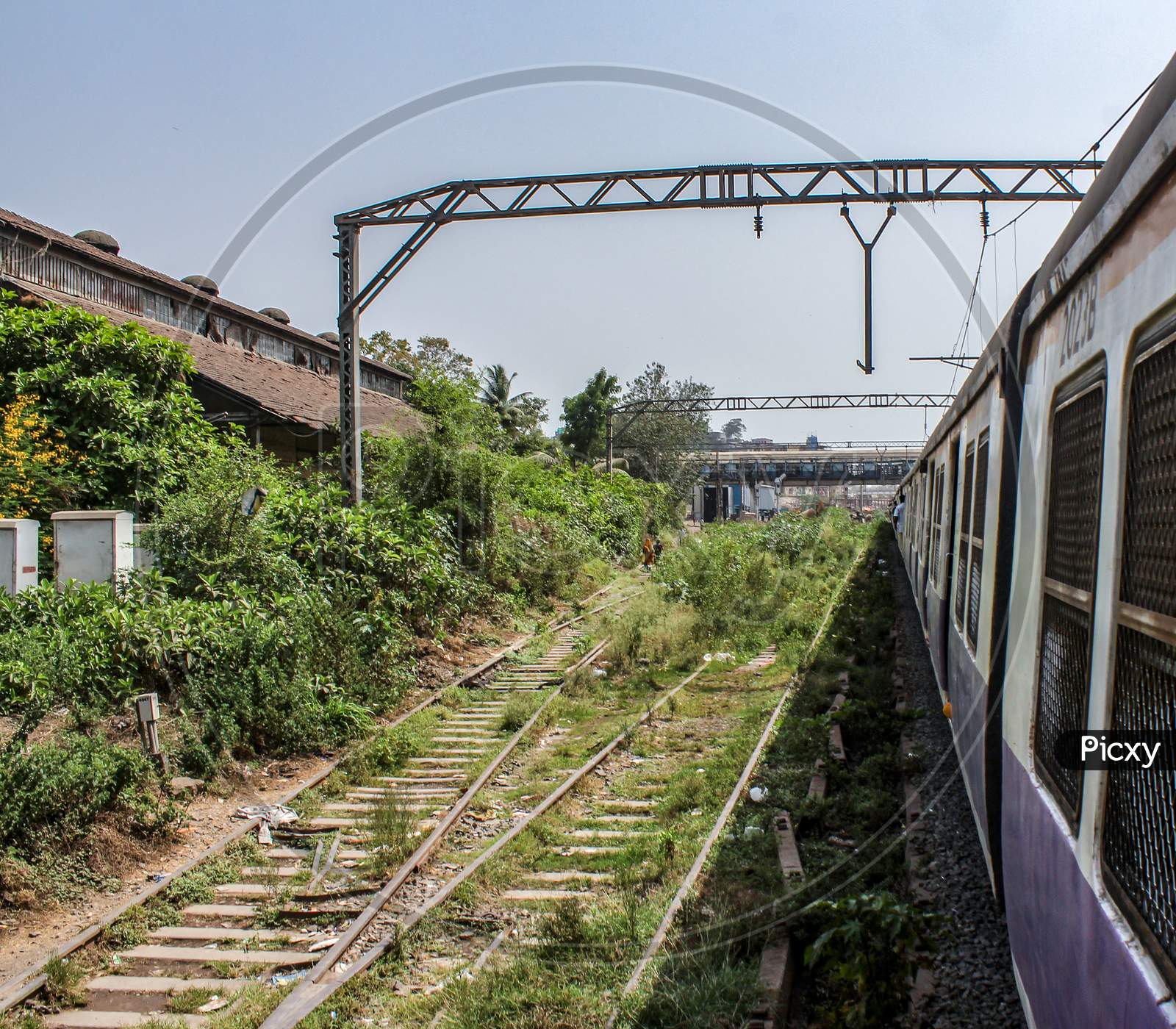 A Shot Of Outside Of Mumbai Local Train With Railway Lines.