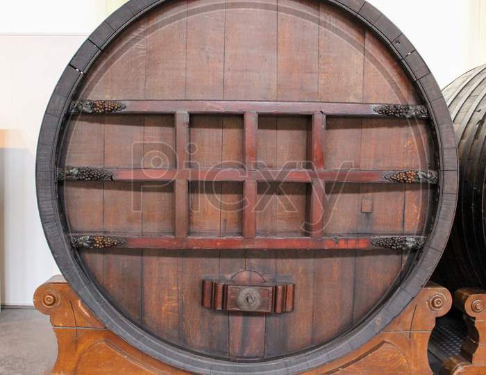 A Wooden Wine Barrel Made From Oak Wood