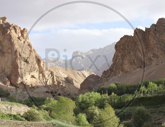 Water Flowing Channels In The Valleys of Ladakh With Hills in Background