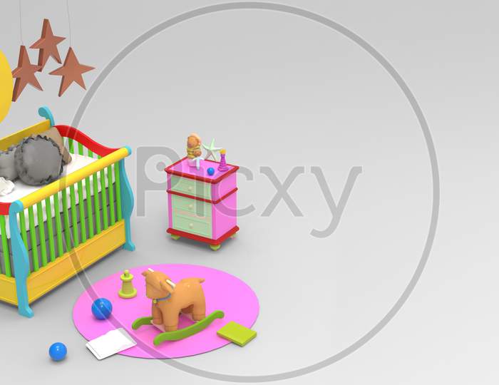 3D Render Of Colorful Toys And Playing Room Accessories For Kids In White Background