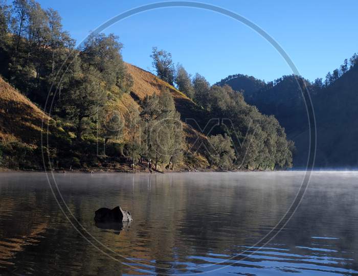 Morning atmosphere in Ranu Kumbolo, a freshwater lake located at an altitude of 2400 above sea level