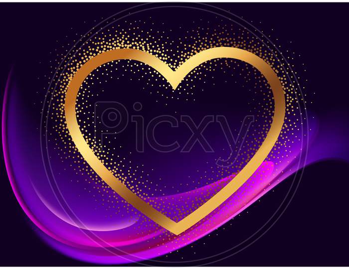 Gold Heart On Abstract Wave Background