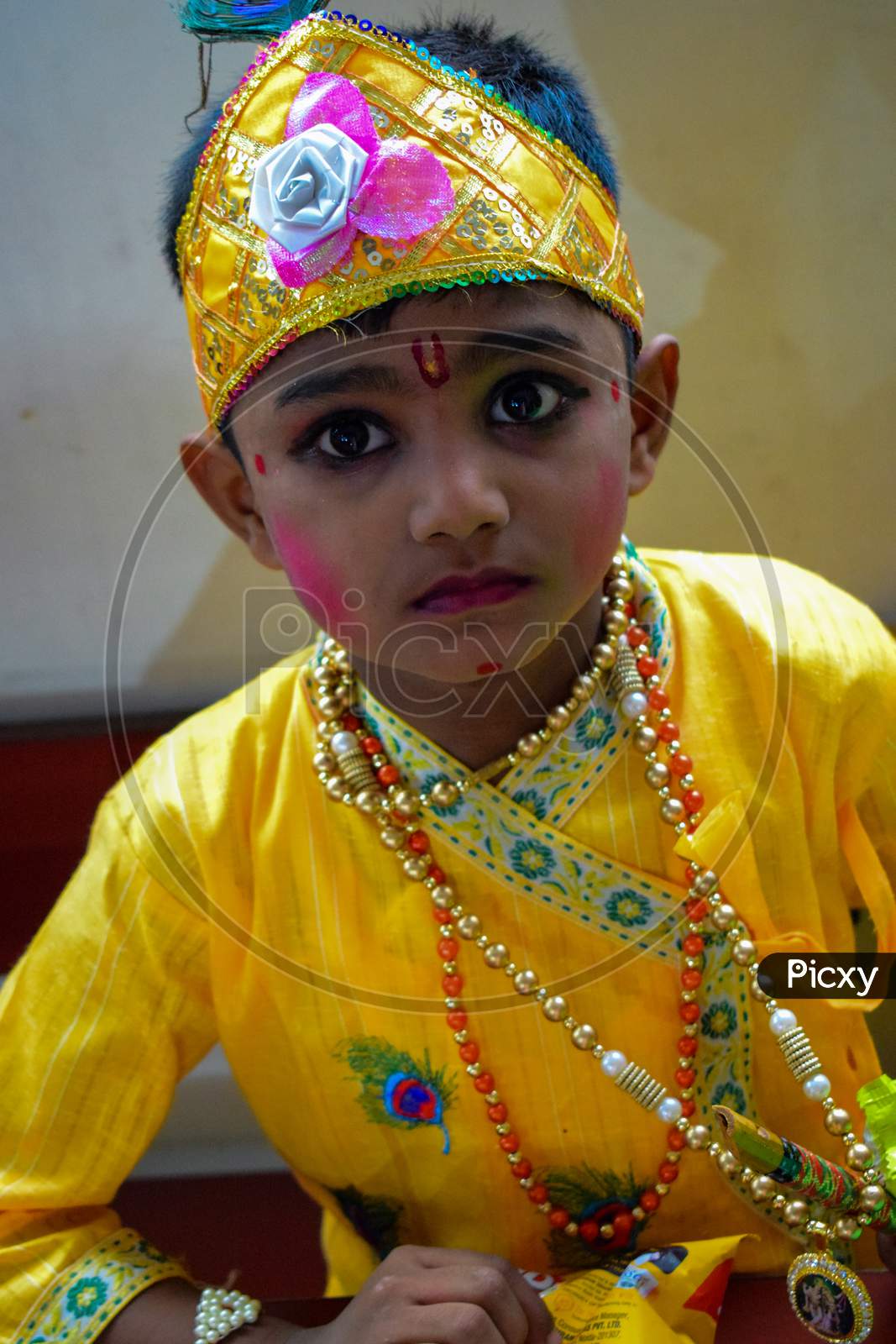 Delhi, India - September 9, 2019 : Cute Indian Kids dressed up as little Lord Krishna Radha on the occasion of Krishna Janmastami Festival in Delhi India