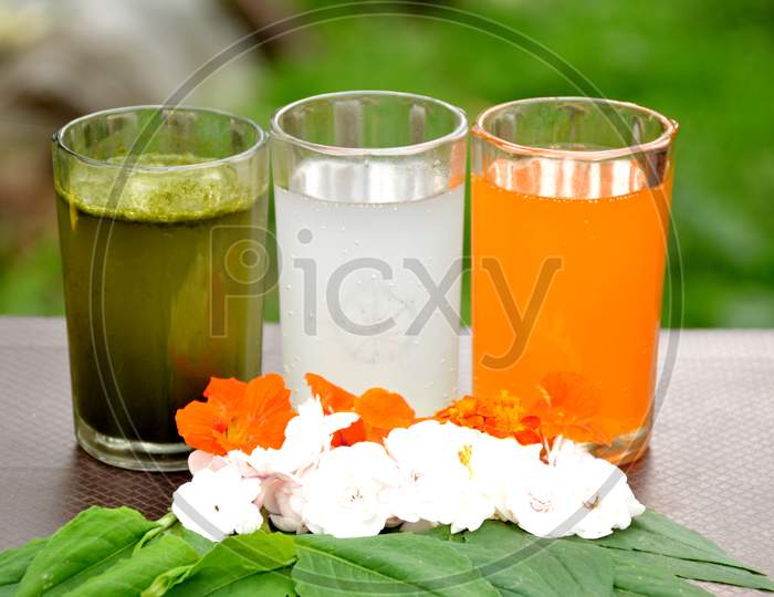 the indian flag from lychee ,orenge and mint juice with flowers and leaves in the memorial day or veteran's day.