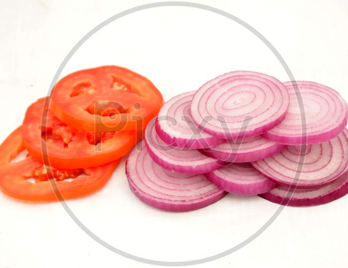 tometo and onion slice on white background