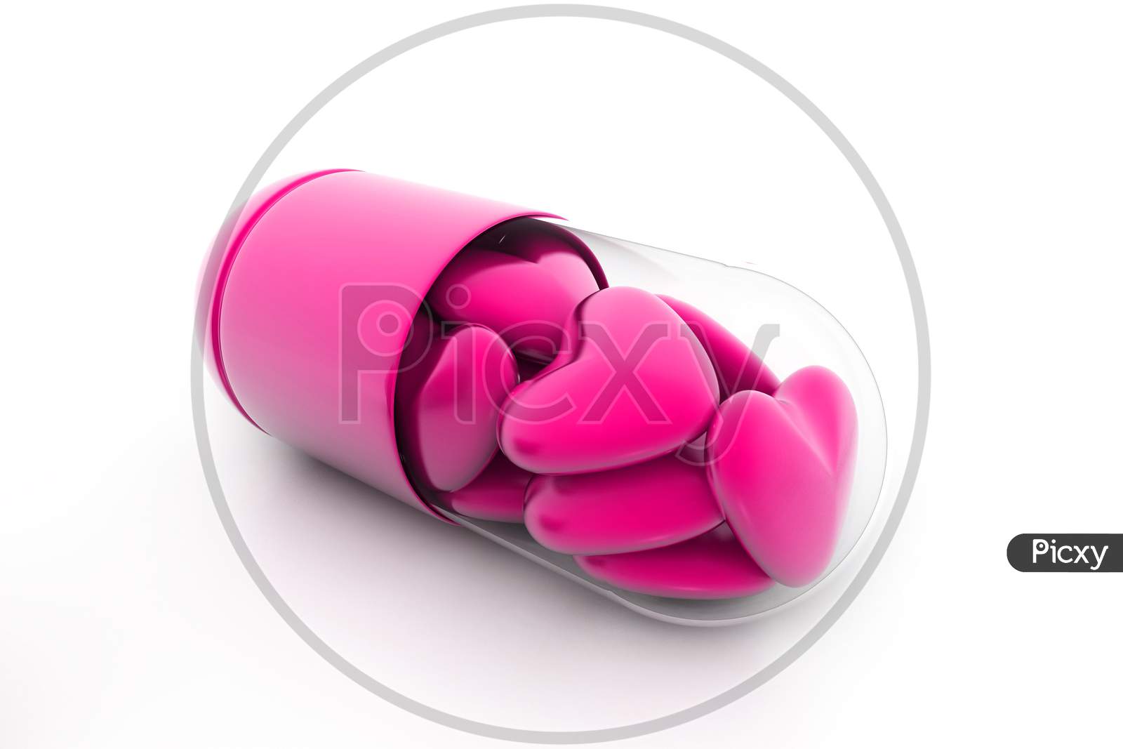 3D Illustration Of Hearts Filled In Pill. Conceptual Design
