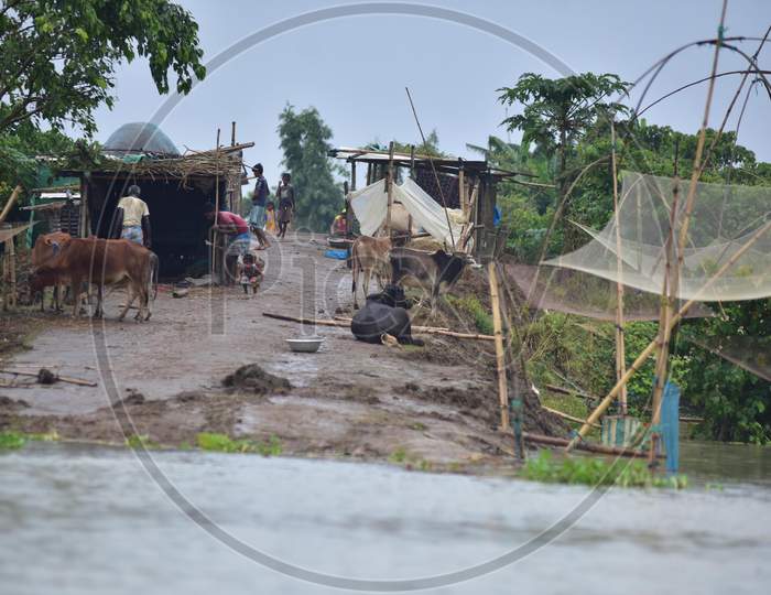 Villagers Take Shelter On A Bridge As Their Village Is Submerged By Flood Waters In The Flood Affected   Sildubi Village In Morigaon District Of Assam On June 29,2020.