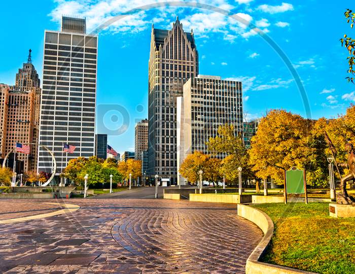 Downtown Detroit From Hart Plaza. Usa