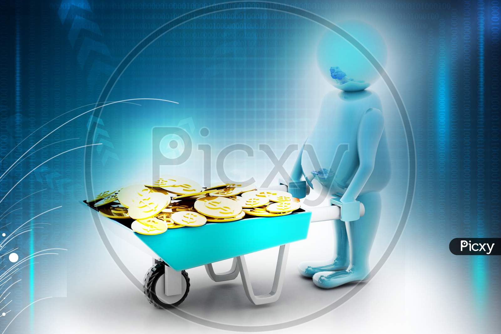 3D Multi Use Gold Coin In Wheelbarrow. Business Growth And Profit