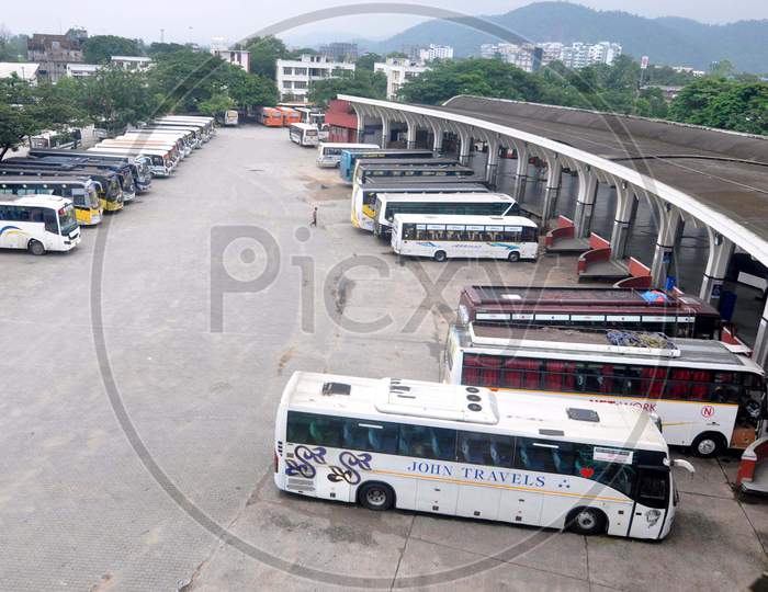 Buses Parked At The ISBT Following The Assam Government's Decision To Impose Total Lockdown To Curb The Spread Of Novel Coronavirus, In Guwahati on June 29, 2020.