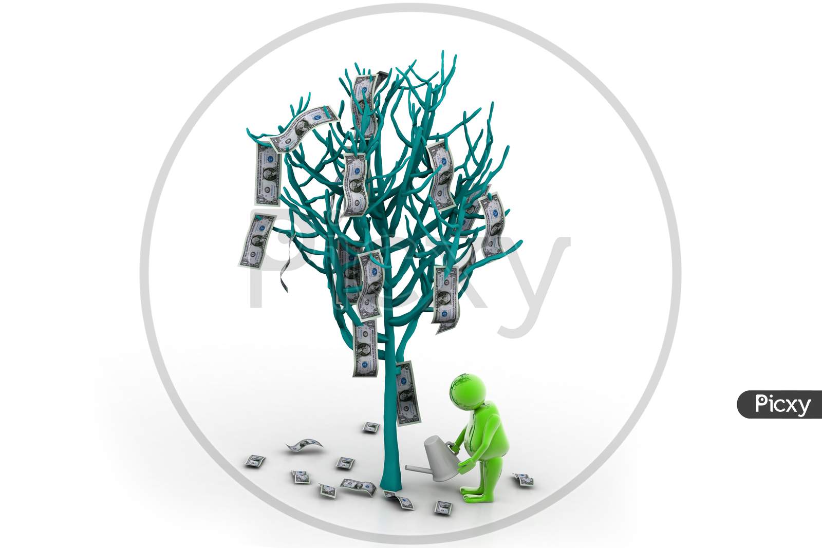 Man Watering A Dollar Tree In White Background. Conceptual 3D Modelling