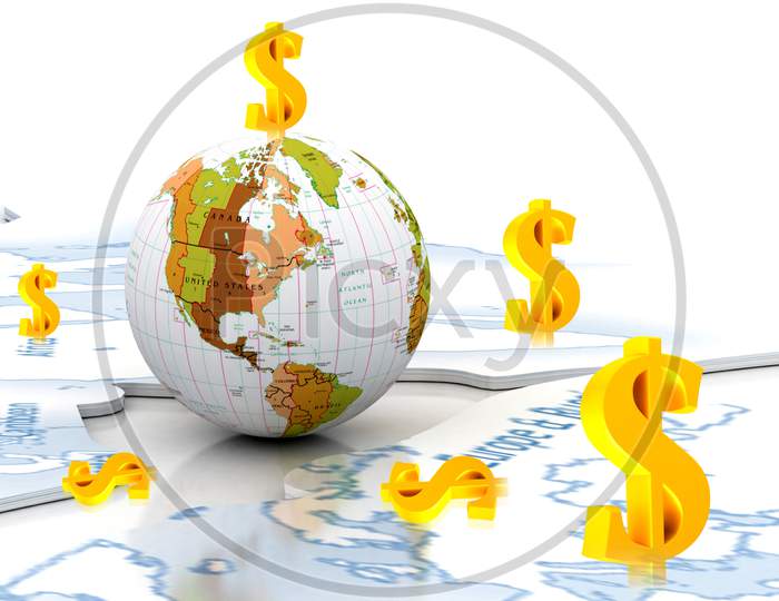 Highly Render Earth And Dollar Sign In Color Background