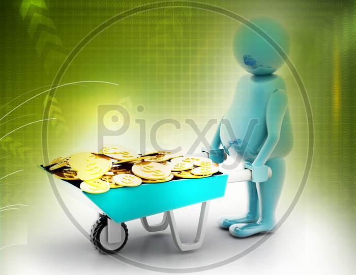 3D Multi Use Gold Coin In Wheelbarrow. Business Growth And Profit