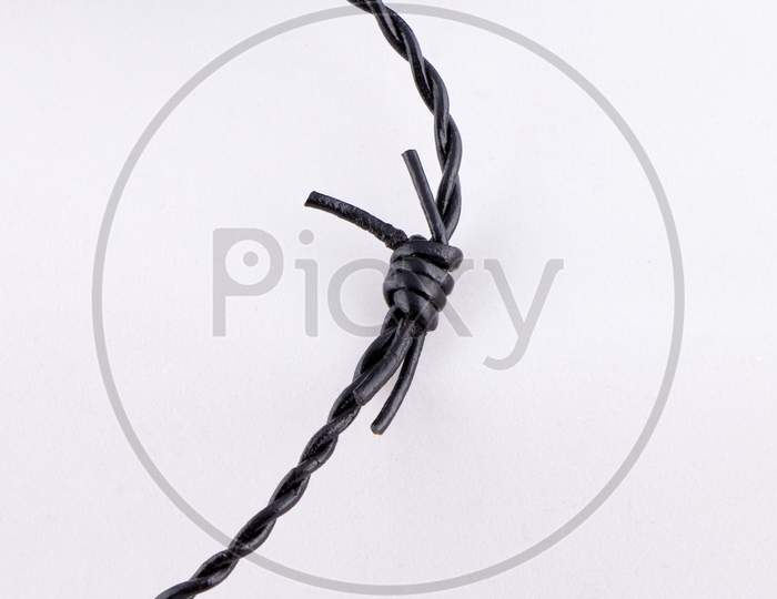 Black Barbed Wire Closeup on white background with copy space