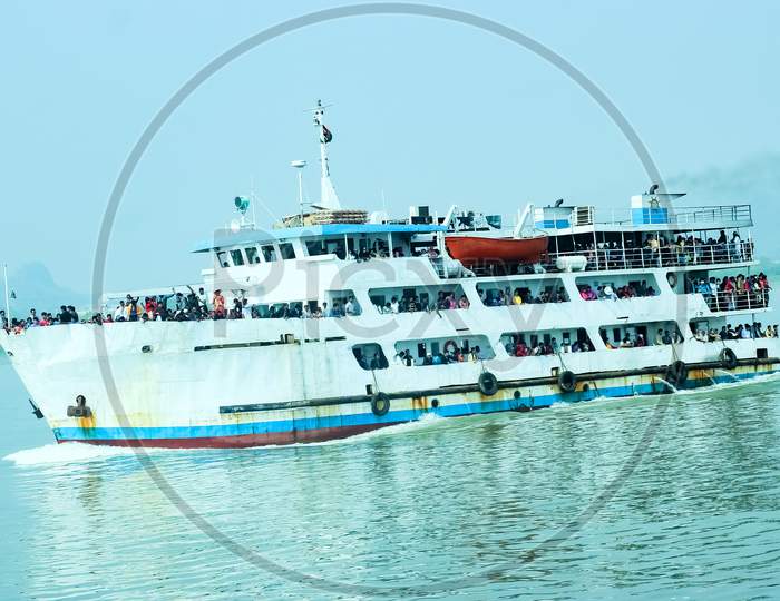 Chittagong,Bangladesh- June 30, 2020 :Running Ship Behind Seagull Are Flying With Natural Charming Scenery . Morning View On River With Natural View At Chittagong,Bangladesh..