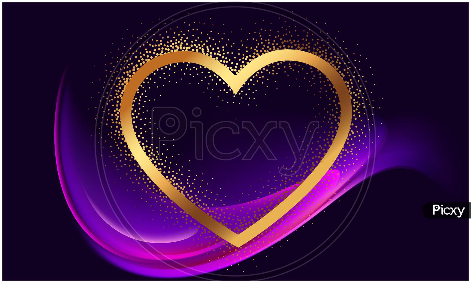 Gold Heart On Abstract Wave Background
