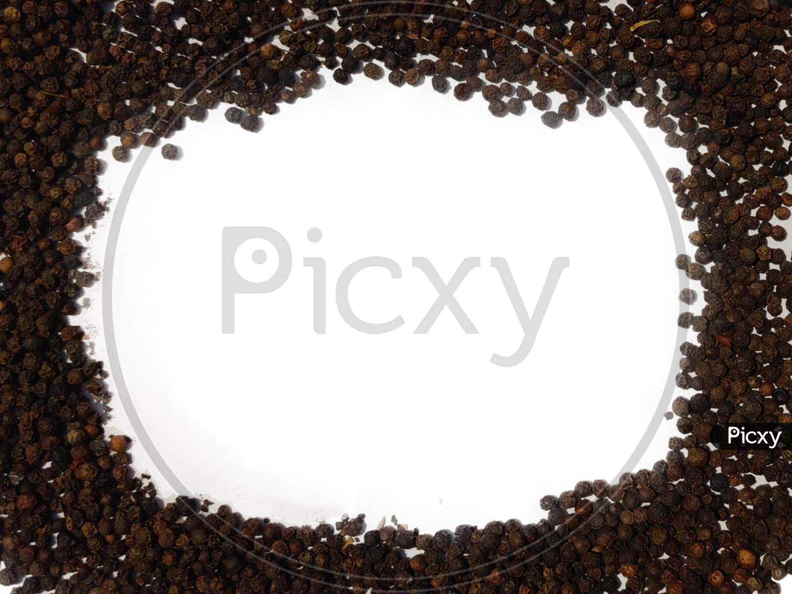 Dry Black peppercorns on white background sideview .
