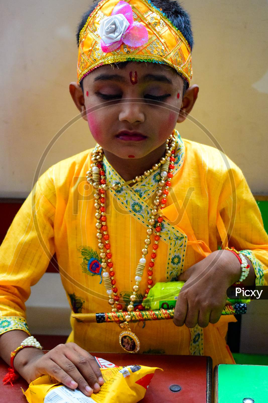 Delhi, India - September 9, 2019 : Cute Indian Kids dressed up as little Lord Krishna Radha on the occasion of Krishna Janmastami Festival in Delhi India