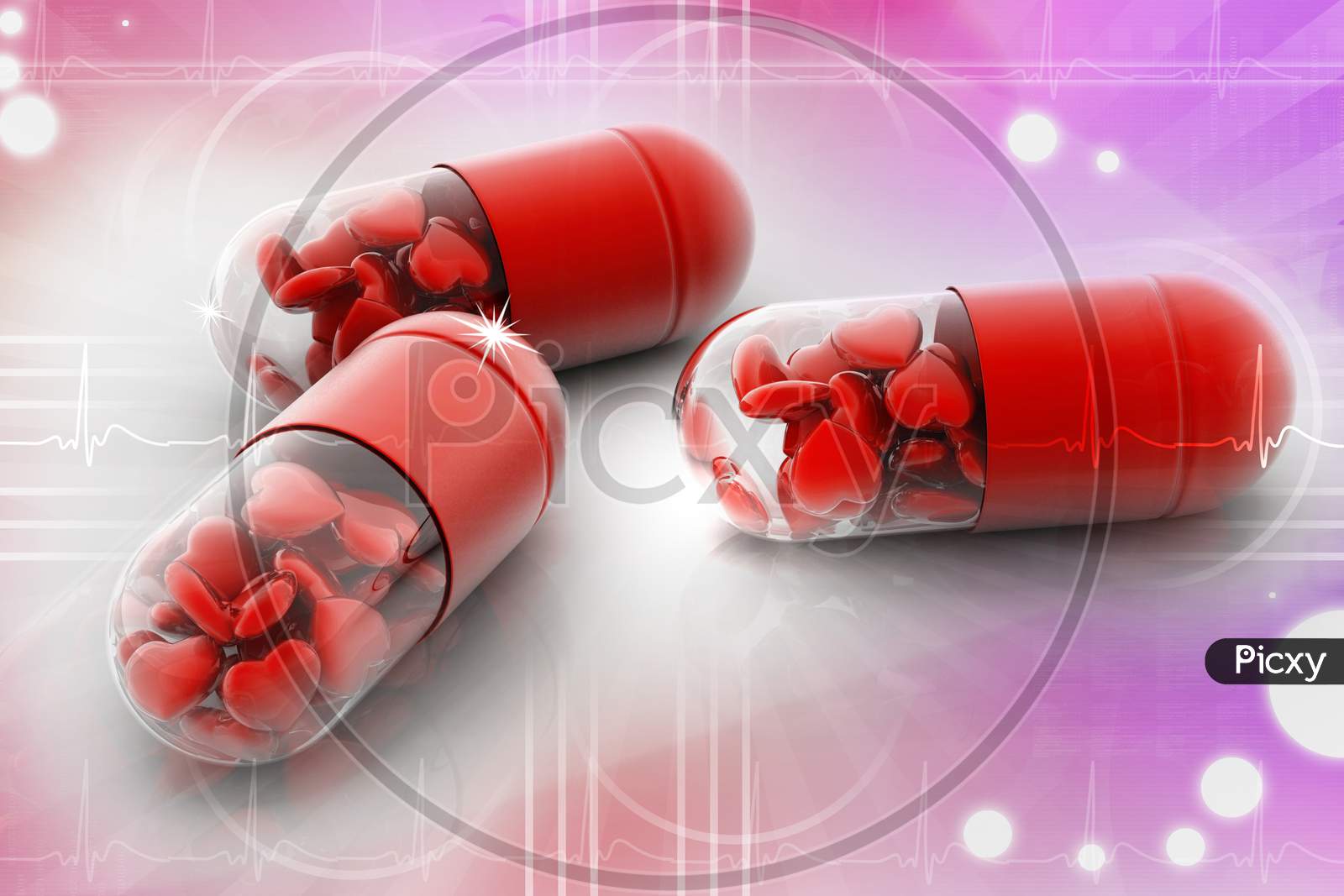 3D Illustration Of Hearts Filled In Pill. Conceptual Design