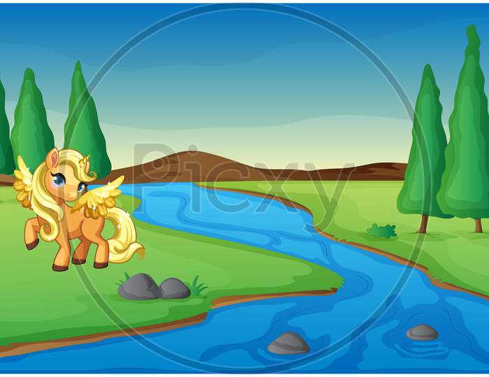 Cute Little Unicorn Playing Near The River
