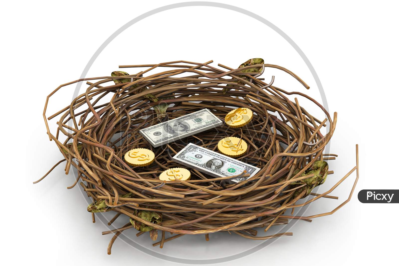 Dollar And Coins In Being Protected In A Nest. Conceptual Design