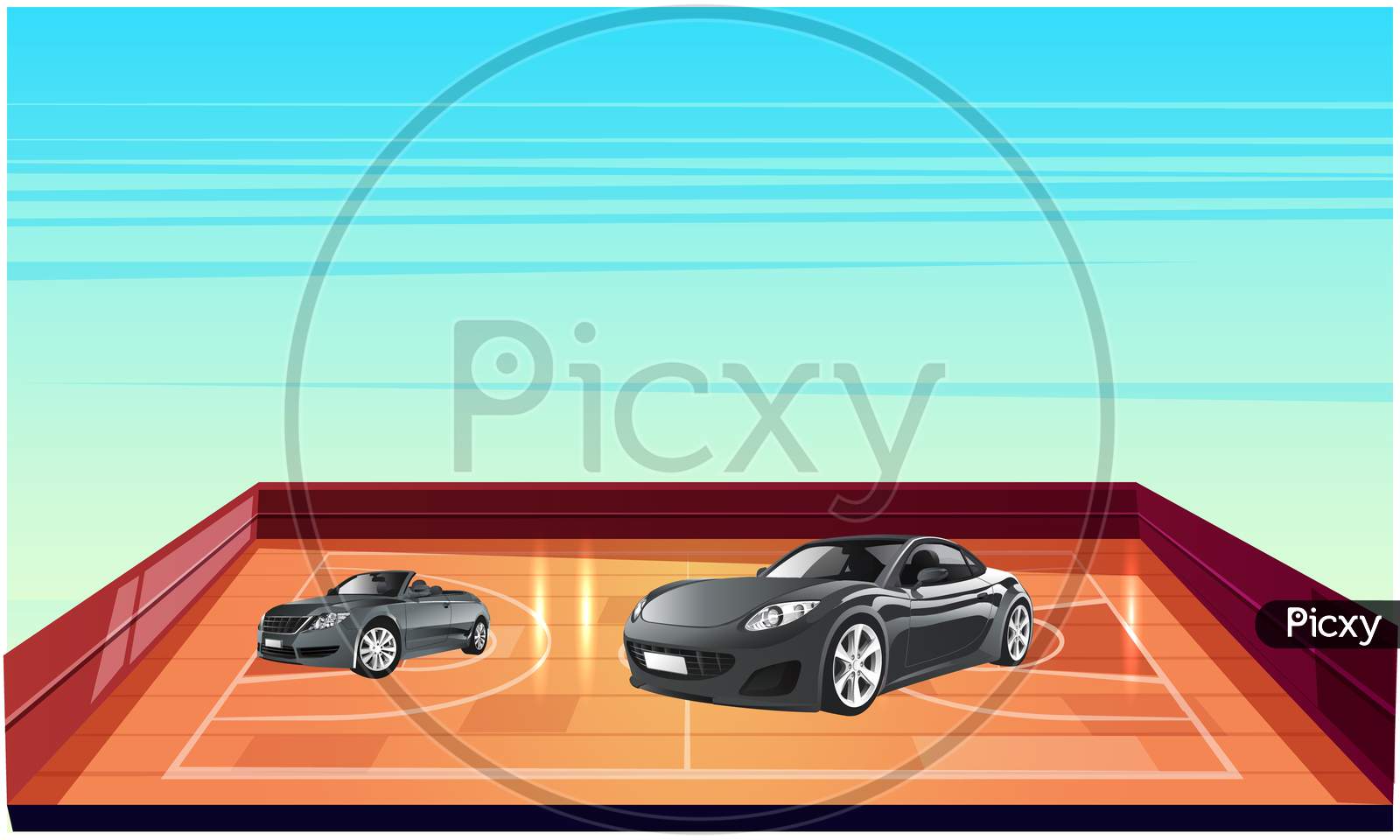 Mock Up Illustration Of Cars Parked In A Basketball Court