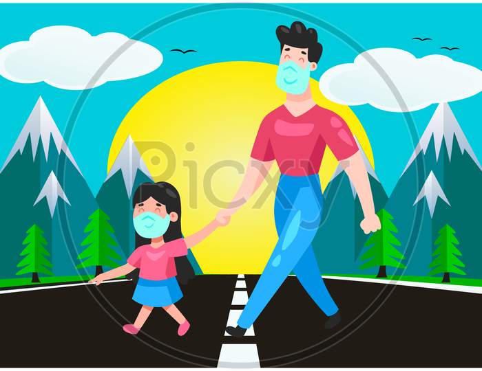 Man Is Crossing The Road With Her Daughter