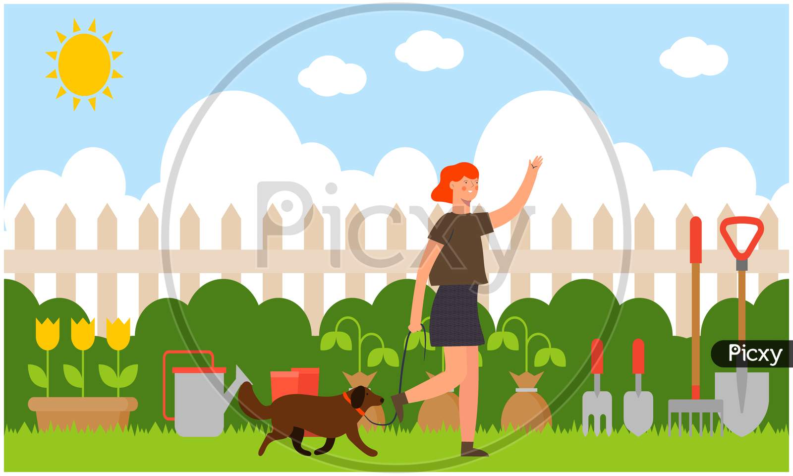 Woman Walking In The Garden With Her Dog