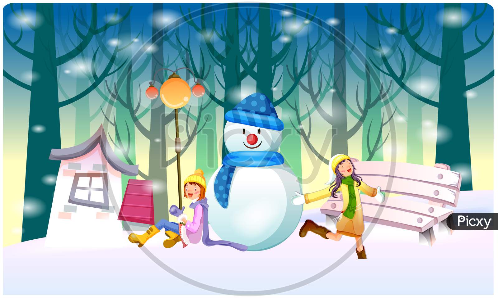 Girls Are Making And Playing With Snowman In Winter