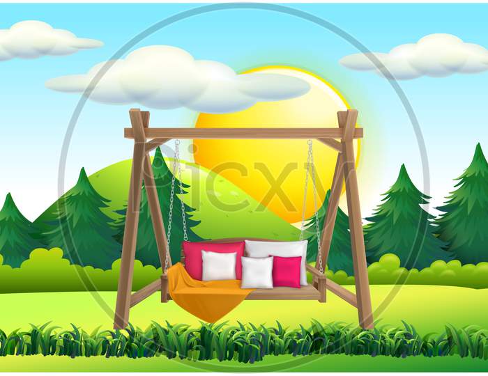 Mock Up Illustration Of Hanging Wooden Chair With Cushion In A Garden During Sun Set